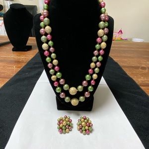 VINTAGE JAPAN STAMPED NECKLACE AND CLIP ON EARRING SET